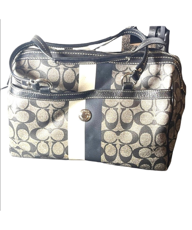 F14478 Large Heritage Stripe Signature Black Pvc & Leather Purse shoulder bag