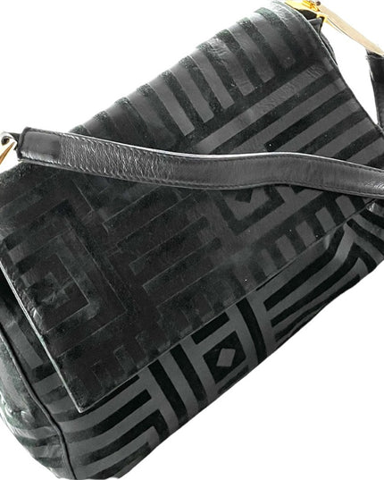 Vintage High Fashion Black leather suede gold trim geometric print shoulder bag