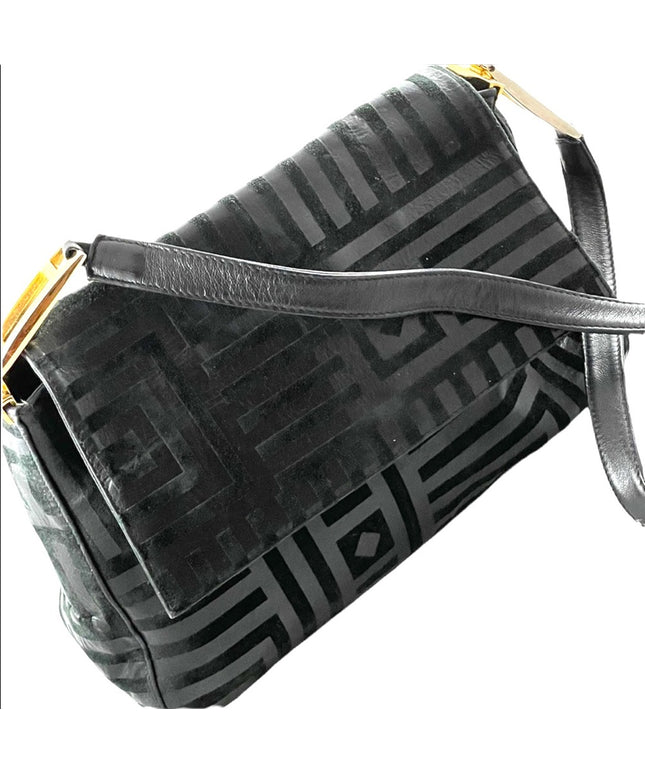 Vintage High Fashion Black leather suede gold trim geometric print shoulder bag