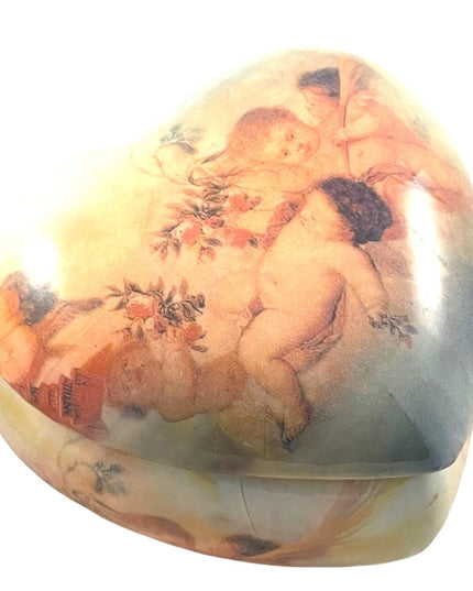 Vintage ceramic painted Cherub Angel heart trinket box gold gilt accent