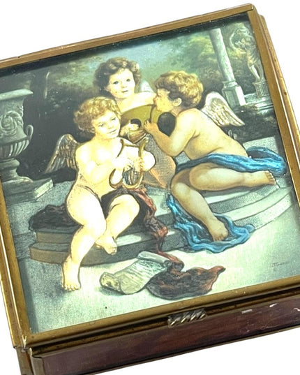 Vintage Mexico Brass glass foil angel cherub trinket box