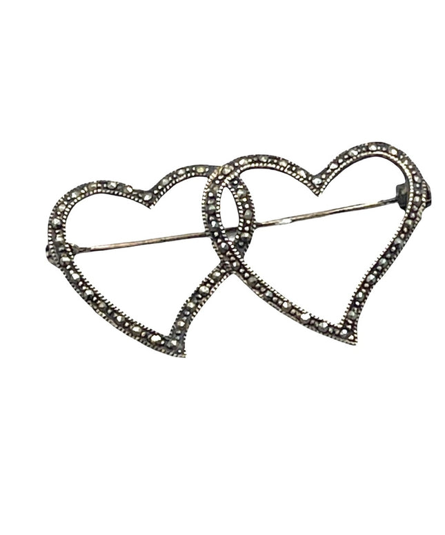 Vintage sterling silver marcasite two hearts brooch
