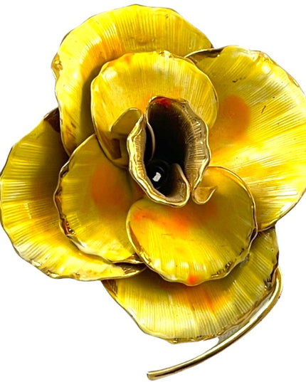 Vintage yellow gold enamel rose metal flower brooch