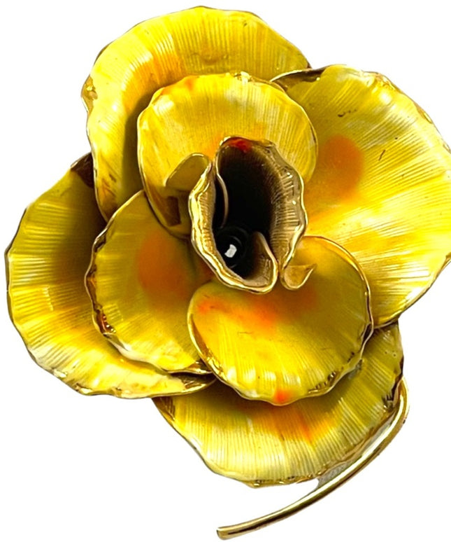 Vintage yellow gold enamel rose metal flower brooch