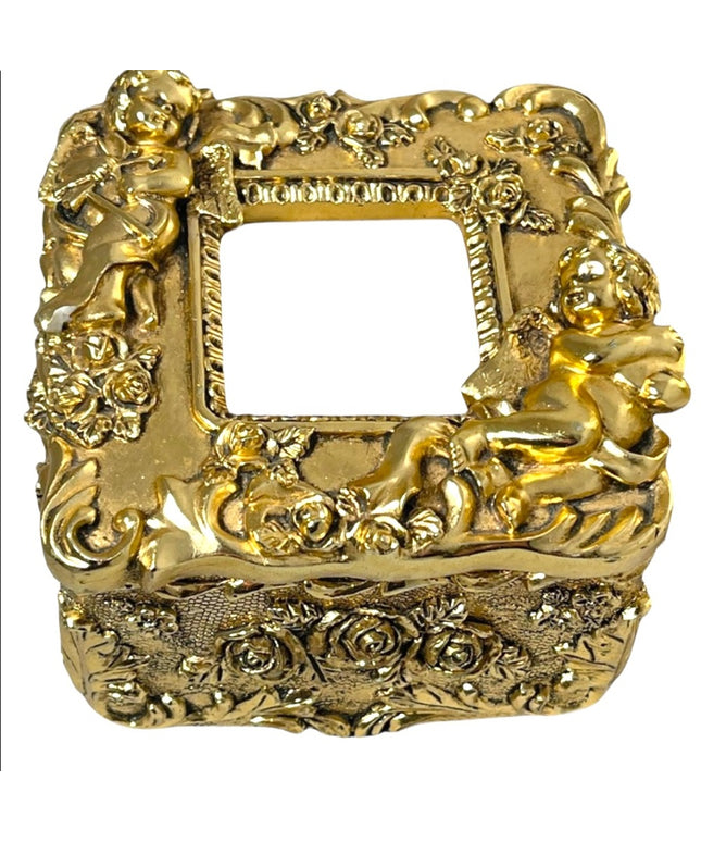 Gold Gilt Angel cherub trinket box photo wallet sz flowers VTG