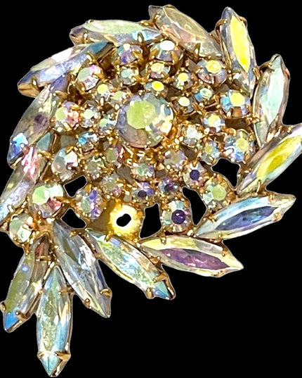 Vintage “Sherman unmarked” AB crystal large brooch pink hues