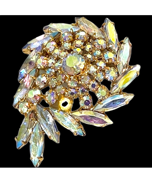 Vintage “Sherman unmarked” AB crystal large brooch pink hues