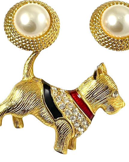 VTG set Napier Faux pearl gold finish earrings enameled Scottie dog rhinestones