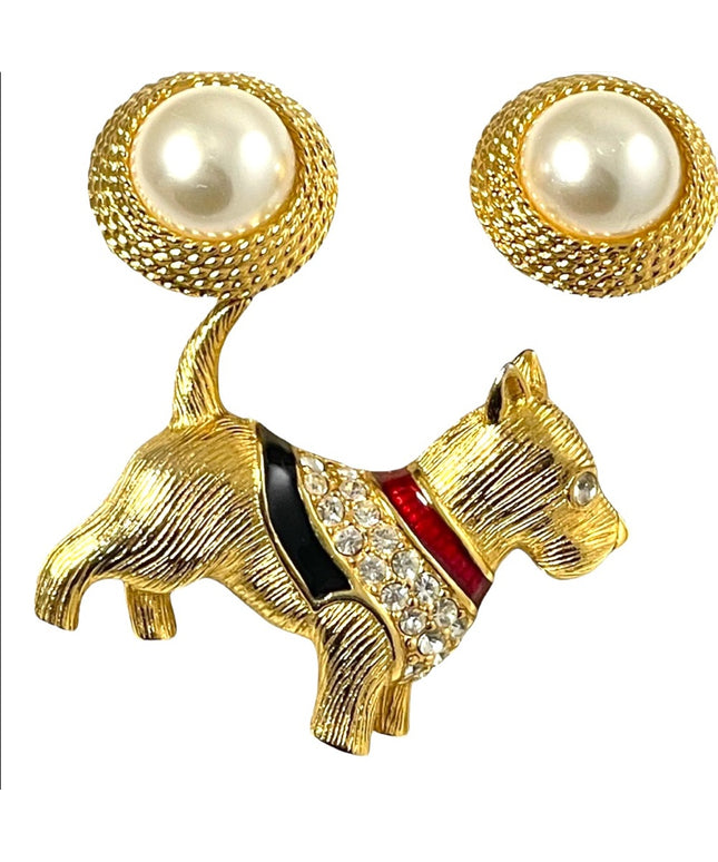 VTG set Napier Faux pearl gold finish earrings enameled Scottie dog rhinestones