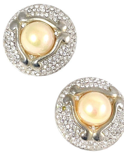 Vintage Faux pearl chunky rhinestone fancy party earrings wedding clip ons