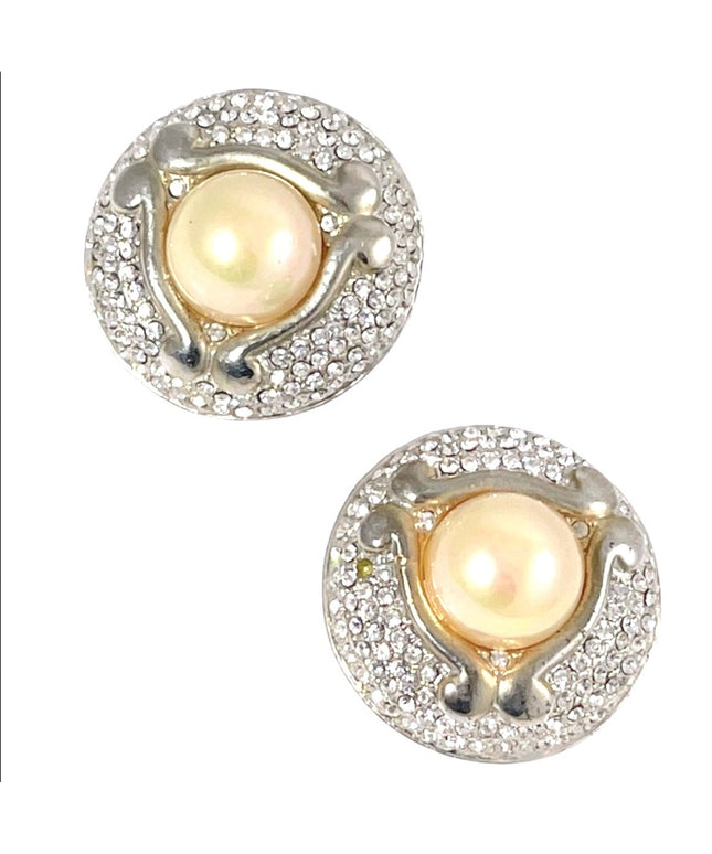 Vintage Faux pearl chunky rhinestone fancy party earrings wedding clip ons