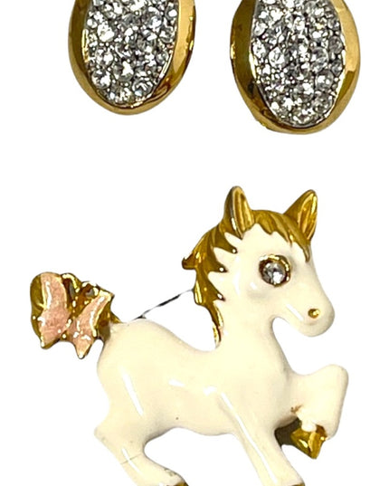 Vintage enameled horse brooch with rhinestone clip on earrings gold finish
