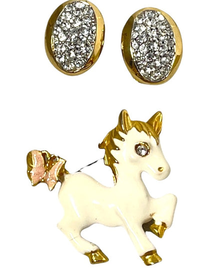 Vintage enameled horse brooch with rhinestone clip on earrings gold finish