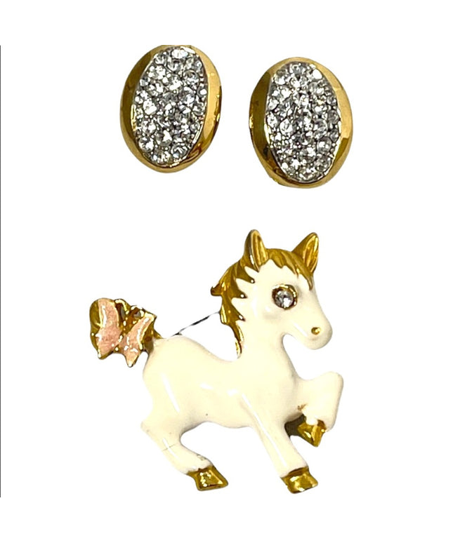 Vintage enameled horse brooch with rhinestone clip on earrings gold finish
