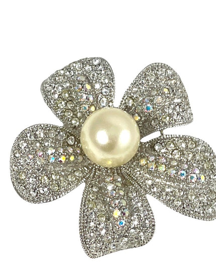 Silver rhinestone fancy sparkle large faux pearl flower brooch
