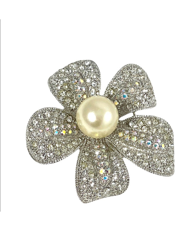 Silver rhinestone fancy sparkle large faux pearl flower brooch