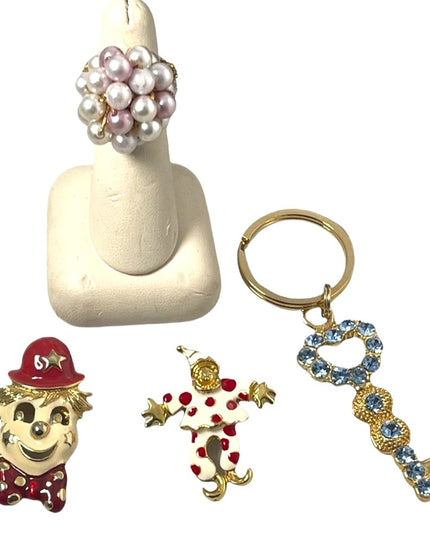 VINTAGE JEWELRY LOT enameled clowns key chain pearl ring crystals cute!