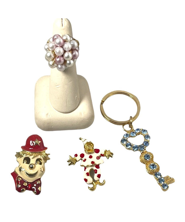 VINTAGE JEWELRY LOT enameled clowns key chain pearl ring crystals cute!