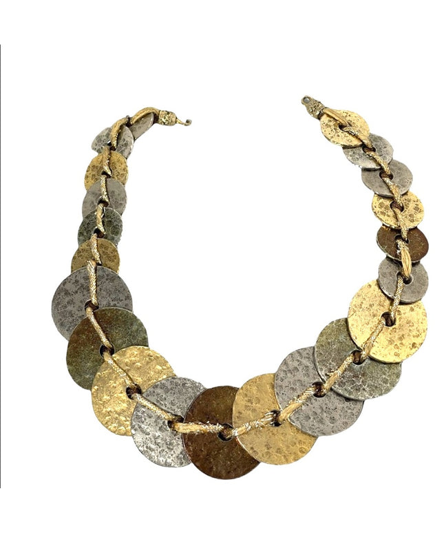 VINTAGE Heavy metal multi color brutalist disk necklace Stunning’ Lovely!