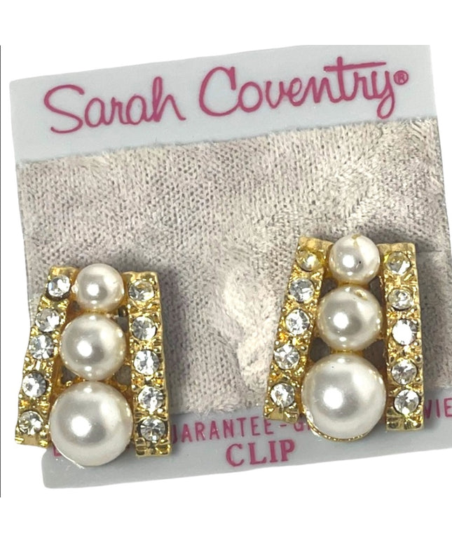 Fancy 1980s Chunky gold rhinestone pearls Sarah Coventry pierced earrings