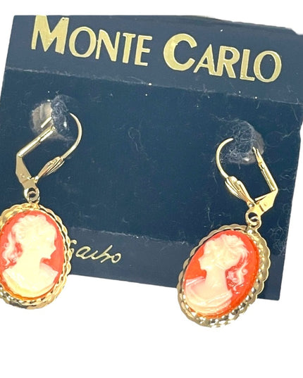 Vintage 1980s Monte Carlo earrings by Garbo Cameo dangle gold finish