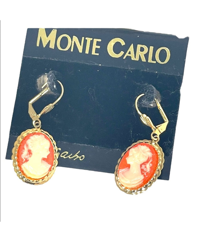 Vintage 1980s Monte Carlo earrings by Garbo Cameo dangle gold finish