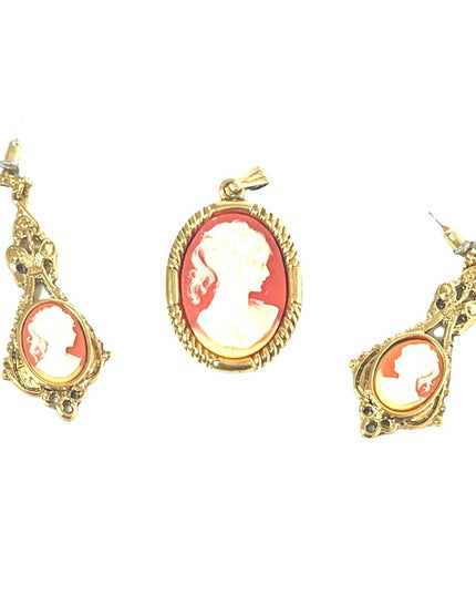 Cameo set  Dangle earrings pendant gold finish