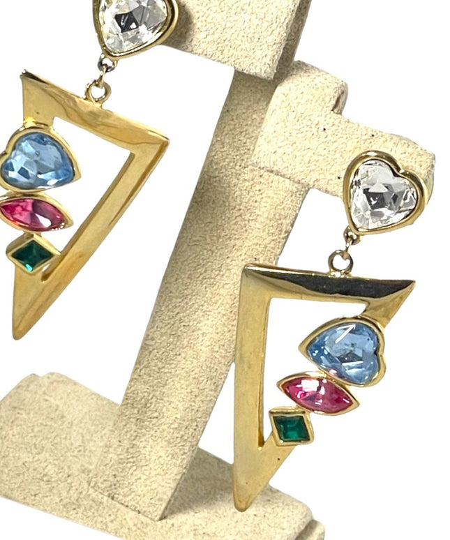 Vintage gold multi color crystal heart dangle earrings triangle hearts