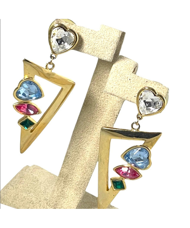Vintage gold multi color crystal heart dangle earrings triangle hearts