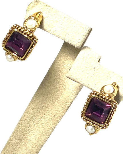 Amethyst Purple crystal dangle faux pearl gold finish fancy earrings