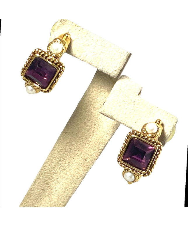 Amethyst Purple crystal dangle faux pearl gold finish fancy earrings