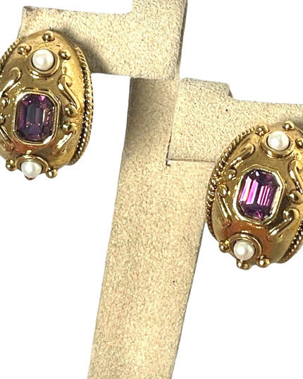 1980s Gold finish couture chunky amethyst purple crystal pearl dangle earrings