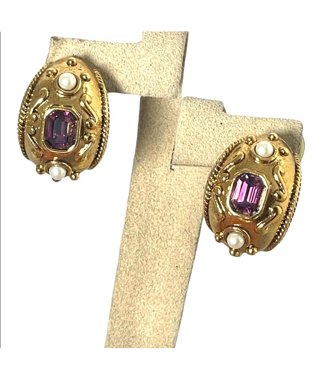 1980s Gold finish couture chunky amethyst purple crystal pearl dangle earrings