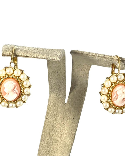 Cameo pearl gold finish dangle earrings