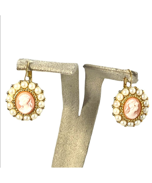 Cameo pearl gold finish dangle earrings