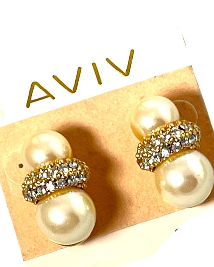 Vintage AVIV faux pearl rhinestone chunky earrings gold dangle