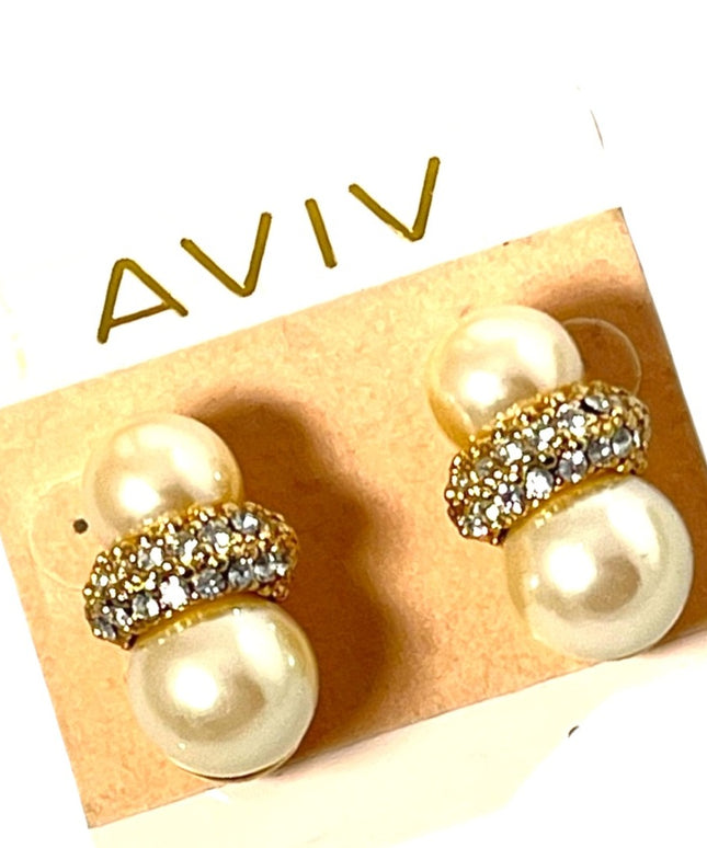 Vintage AVIV faux pearl rhinestone chunky earrings gold dangle