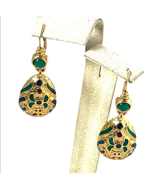 1980s gold finish enameled multi color hi fashion dangle earrings