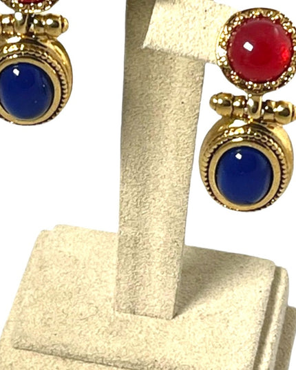Vintage 1980s high fashion gold dangle earrings blue glass