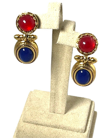 Vintage 1980s high fashion gold dangle earrings blue glass