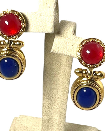 Vintage 1980s high fashion gold dangle earrings blue glass