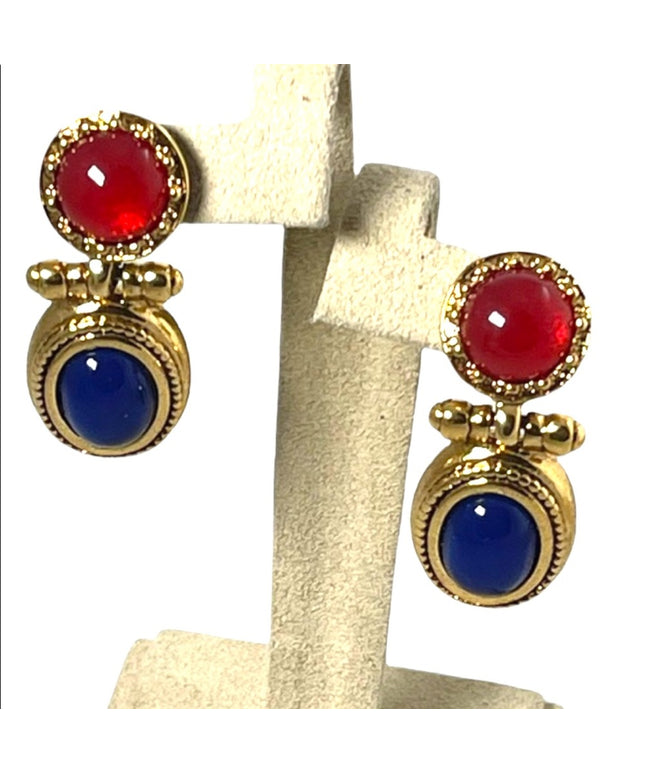 Vintage 1980s high fashion gold dangle earrings blue glass