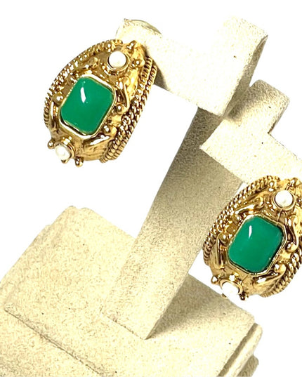 chunky 1980s couture high fashion faux pearl green glass dangle earrings