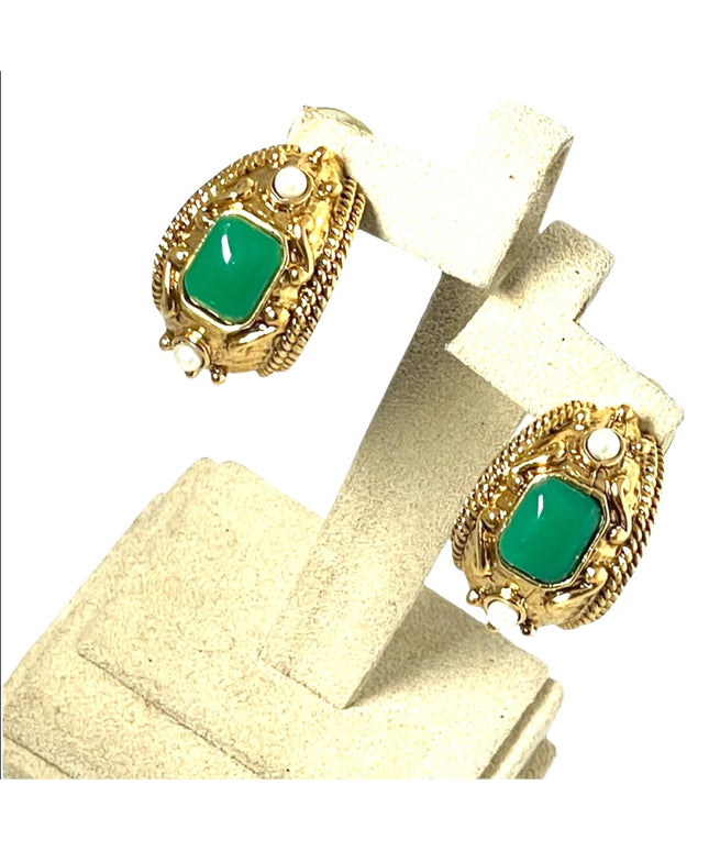 chunky 1980s couture high fashion faux pearl green glass dangle earrings
