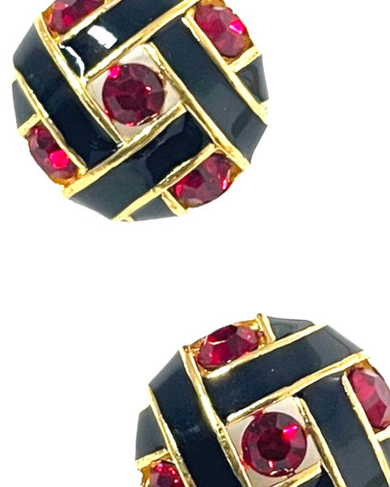 Vintage 1980s red crystal black enamel chunky pierced earrings