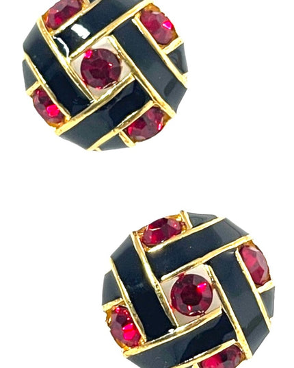 Vintage 1980s red crystal black enamel chunky pierced earrings