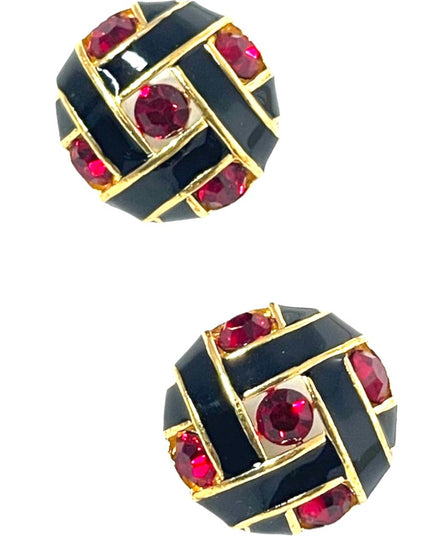 Vintage 1980s red crystal black enamel chunky pierced earrings
