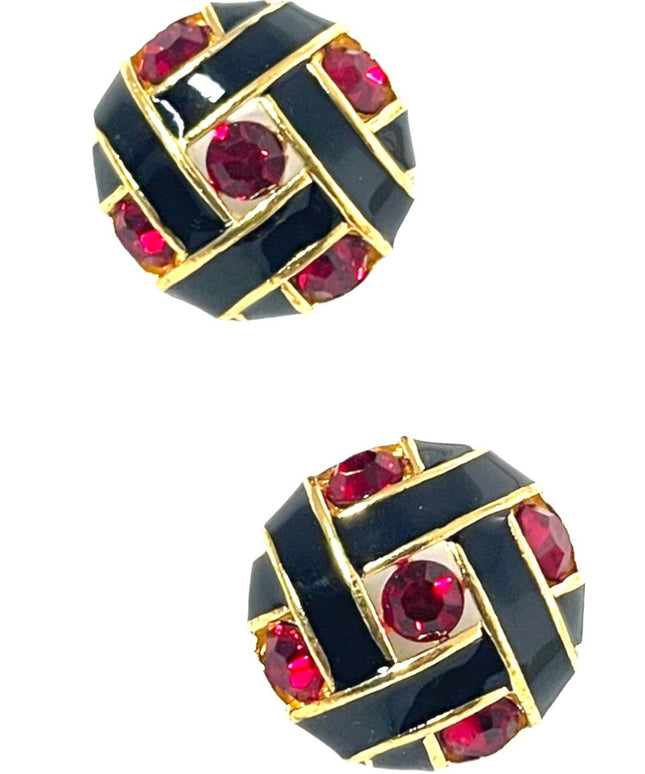 Vintage 1980s red crystal black enamel chunky pierced earrings
