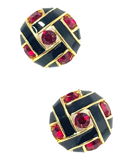 Vintage 1980s red crystal black enamel chunky pierced earrings