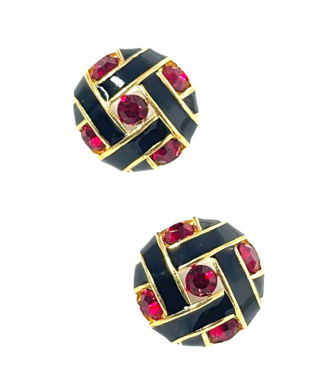 Vintage 1980s red crystal black enamel chunky pierced earrings